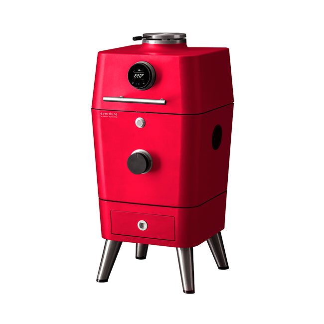 Rode Everdure 4K. Deze high-tech kaamde is een eye-catcher op je terras. Bedien de oven met je telefoon en via het touchscreen aan de voorkant van deze elektrische- en houtskool oven.