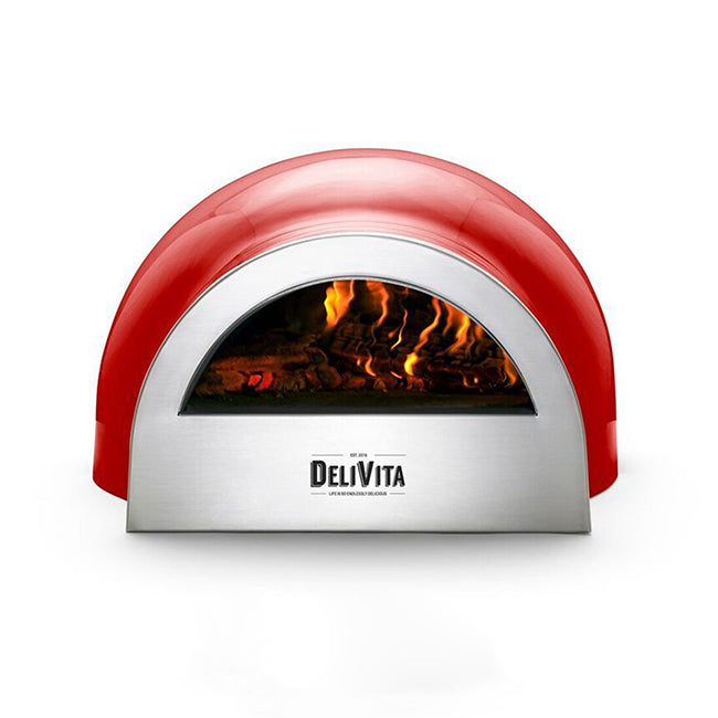 Delivita pizzaoven rood / chili red | Deze pizzaoven is houtgestookt en weegt maar 30kg. De perfecte oven voor buiten in de tuin of binnen in huis.